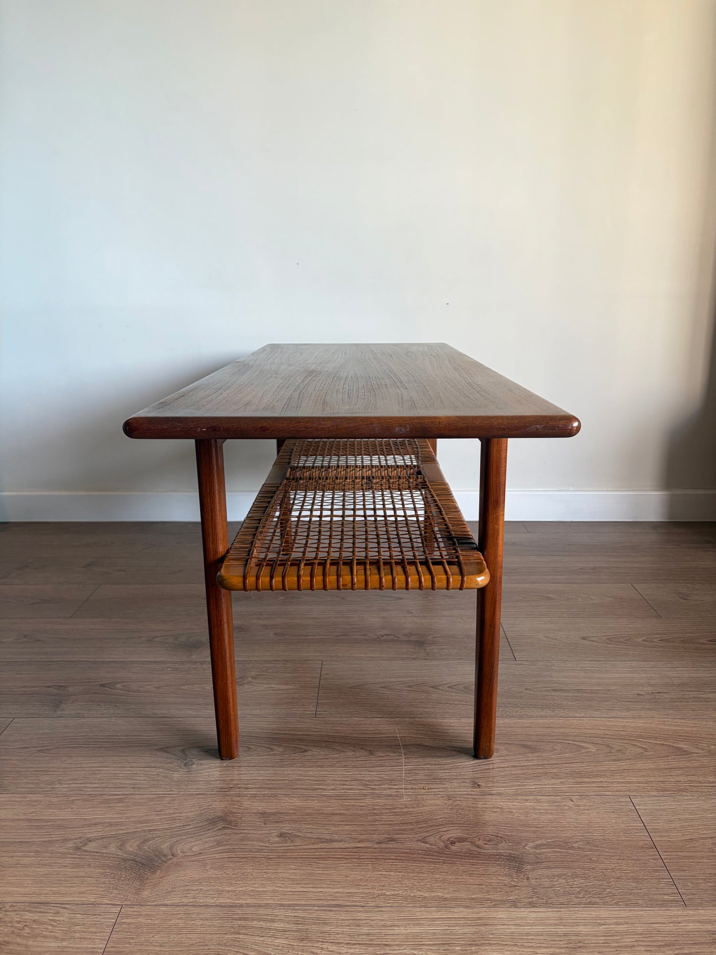 Teak Danish Coffee Table with Cane Shelf, Mid Century Modern - Excellent Condition