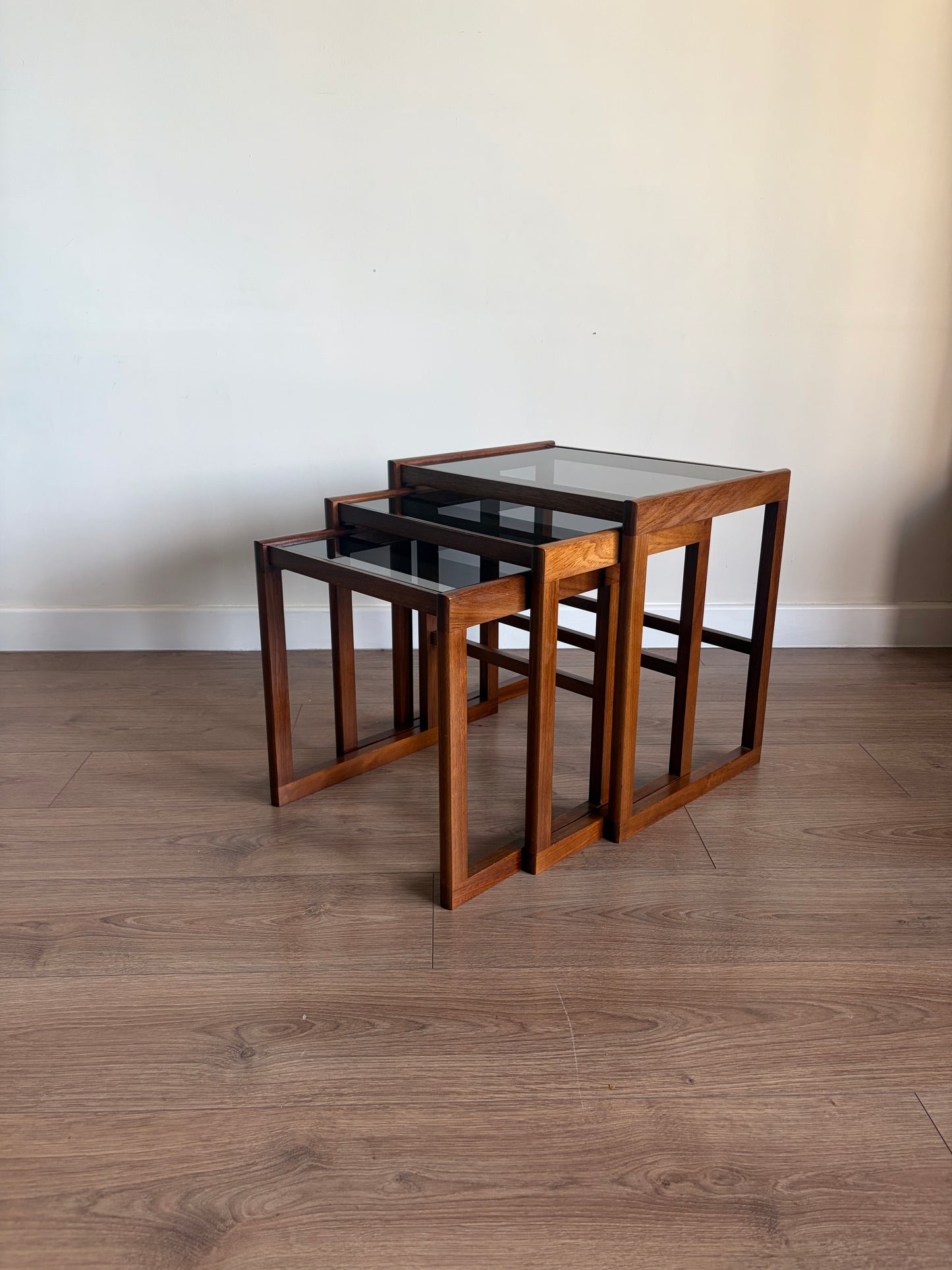 Teak Danish Nest of Tables with Glass Inserts, Mid-Century Modern - Excellent Condition