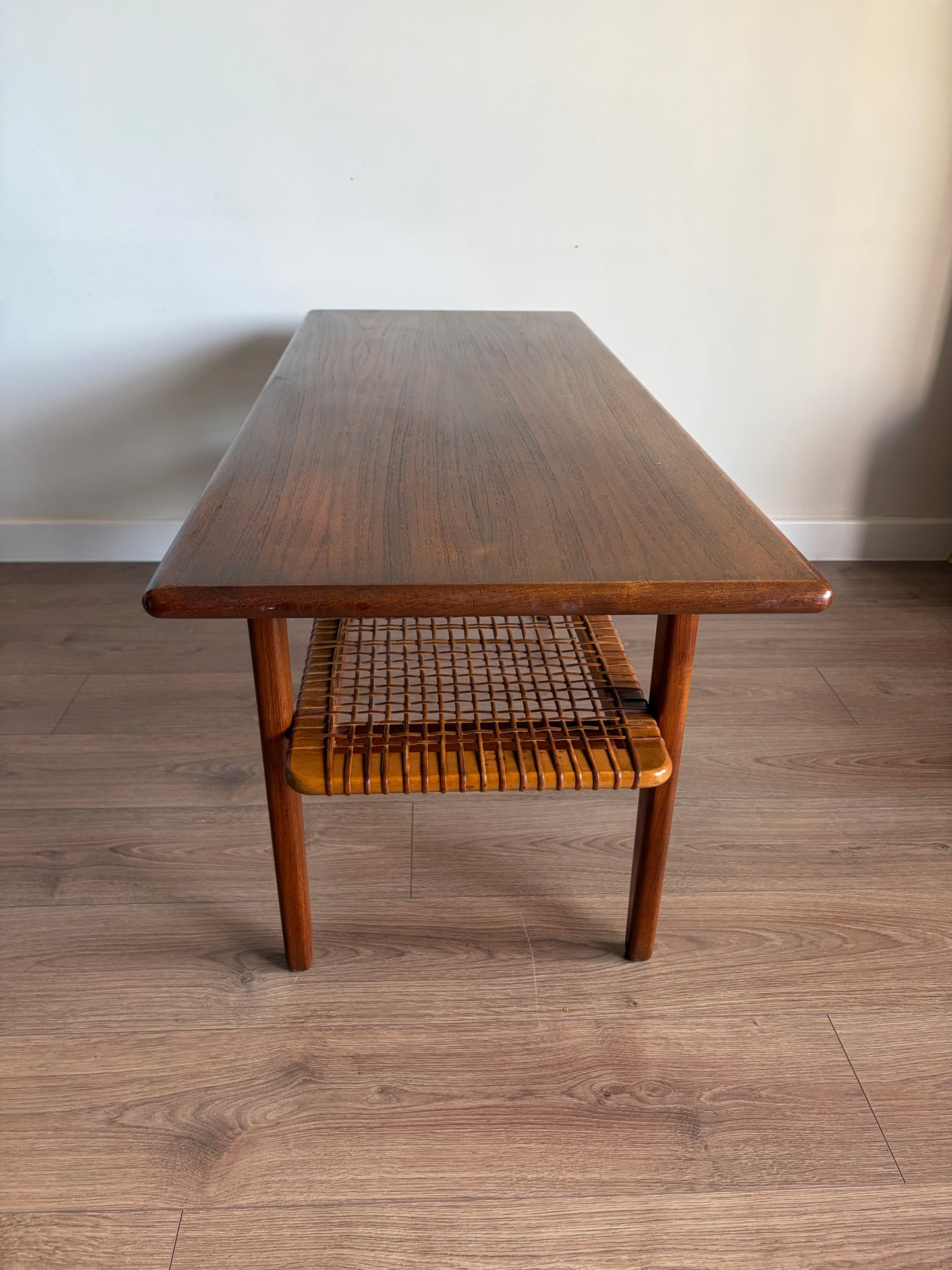 Teak Danish Coffee Table with Cane Shelf, Mid Century Modern - Excellent Condition