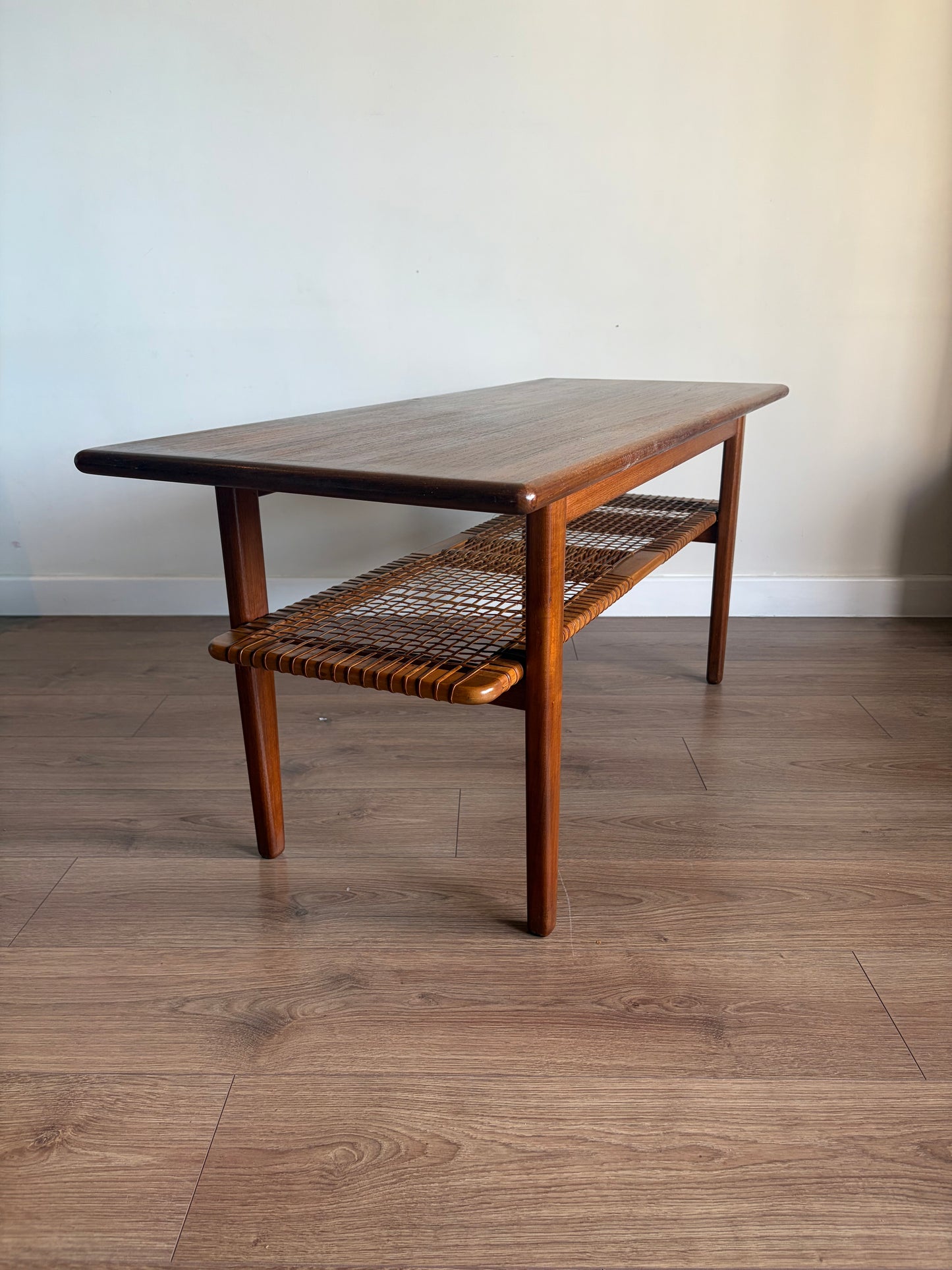 Teak Danish Coffee Table with Cane Shelf, Mid Century Modern - Excellent Condition