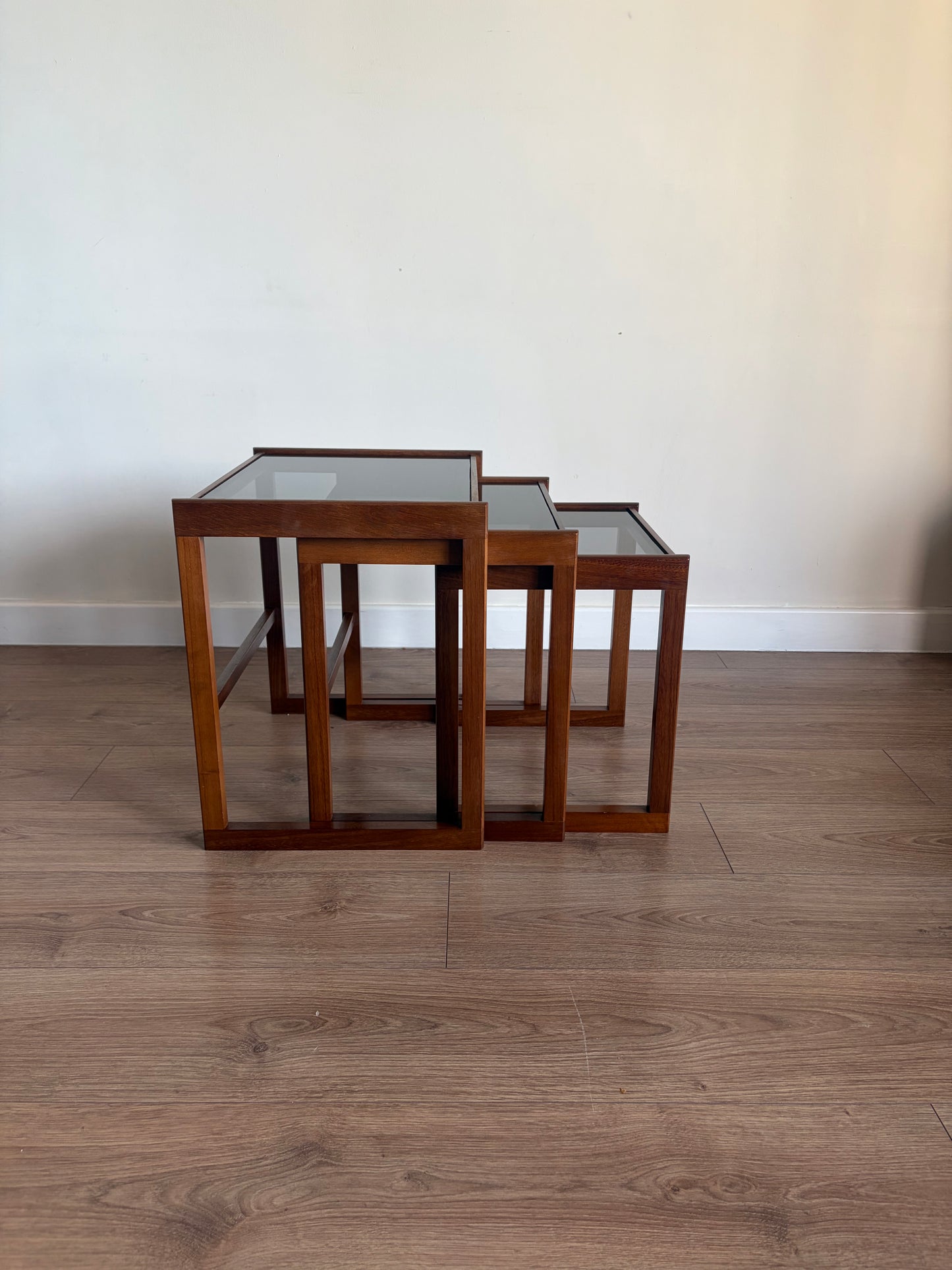 Teak Danish Nest of Tables with Glass Inserts, Mid-Century Modern - Excellent Condition