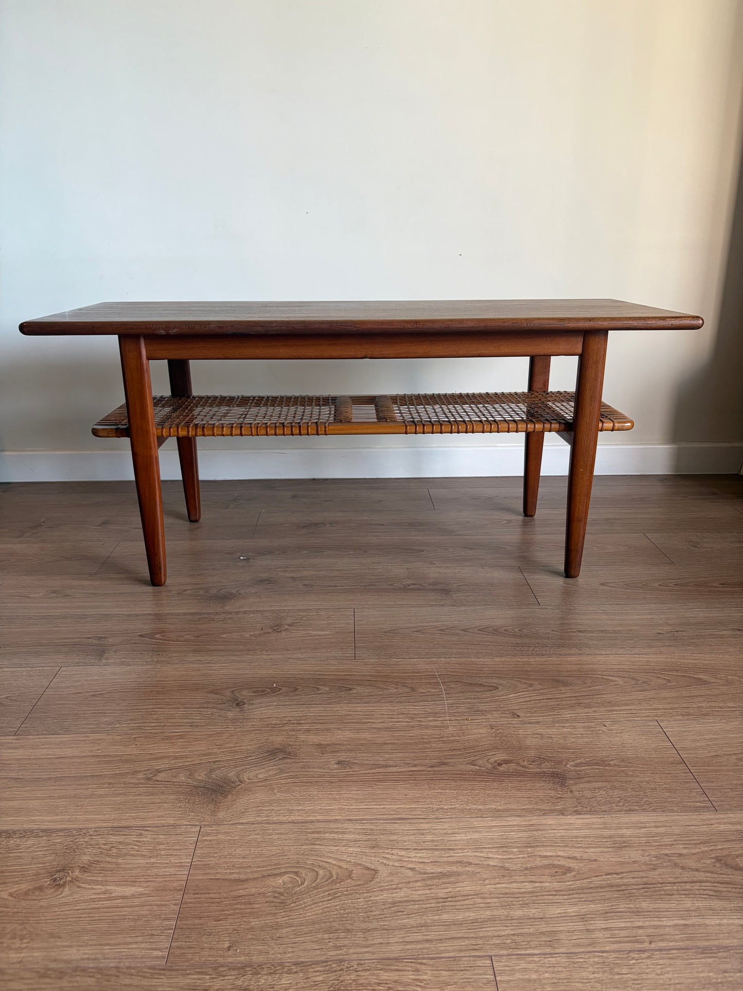 Teak Danish Coffee Table with Cane Shelf, Mid Century Modern - Excellent Condition