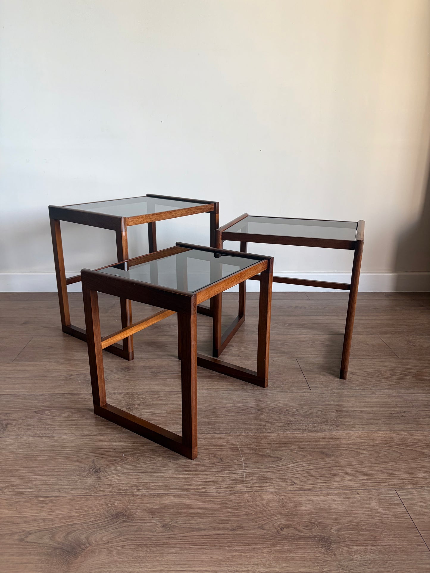Teak Danish Nest of Tables with Glass Inserts, Mid-Century Modern - Excellent Condition