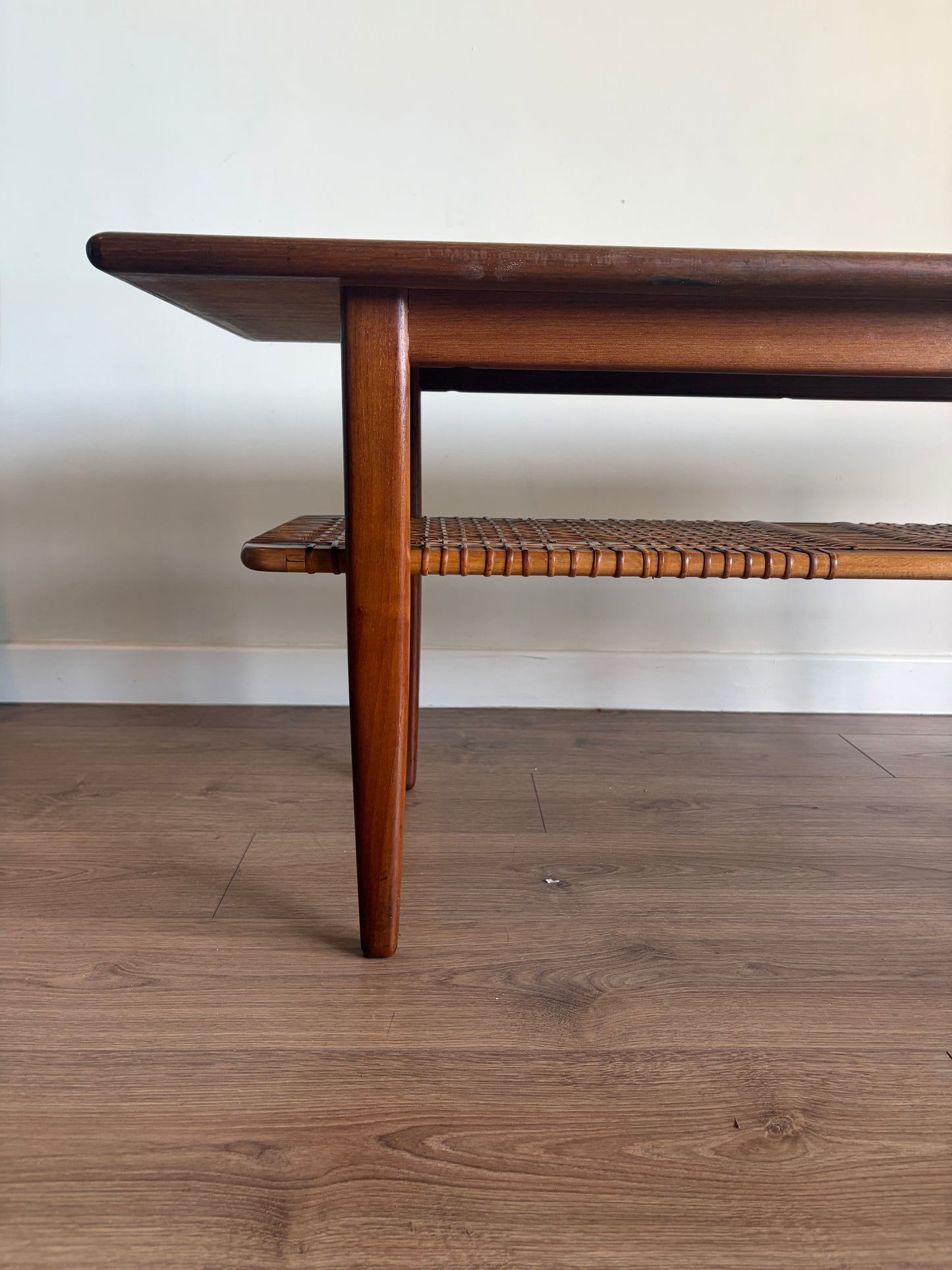 Teak Danish Coffee Table with Cane Shelf, Mid Century Modern - Excellent Condition
