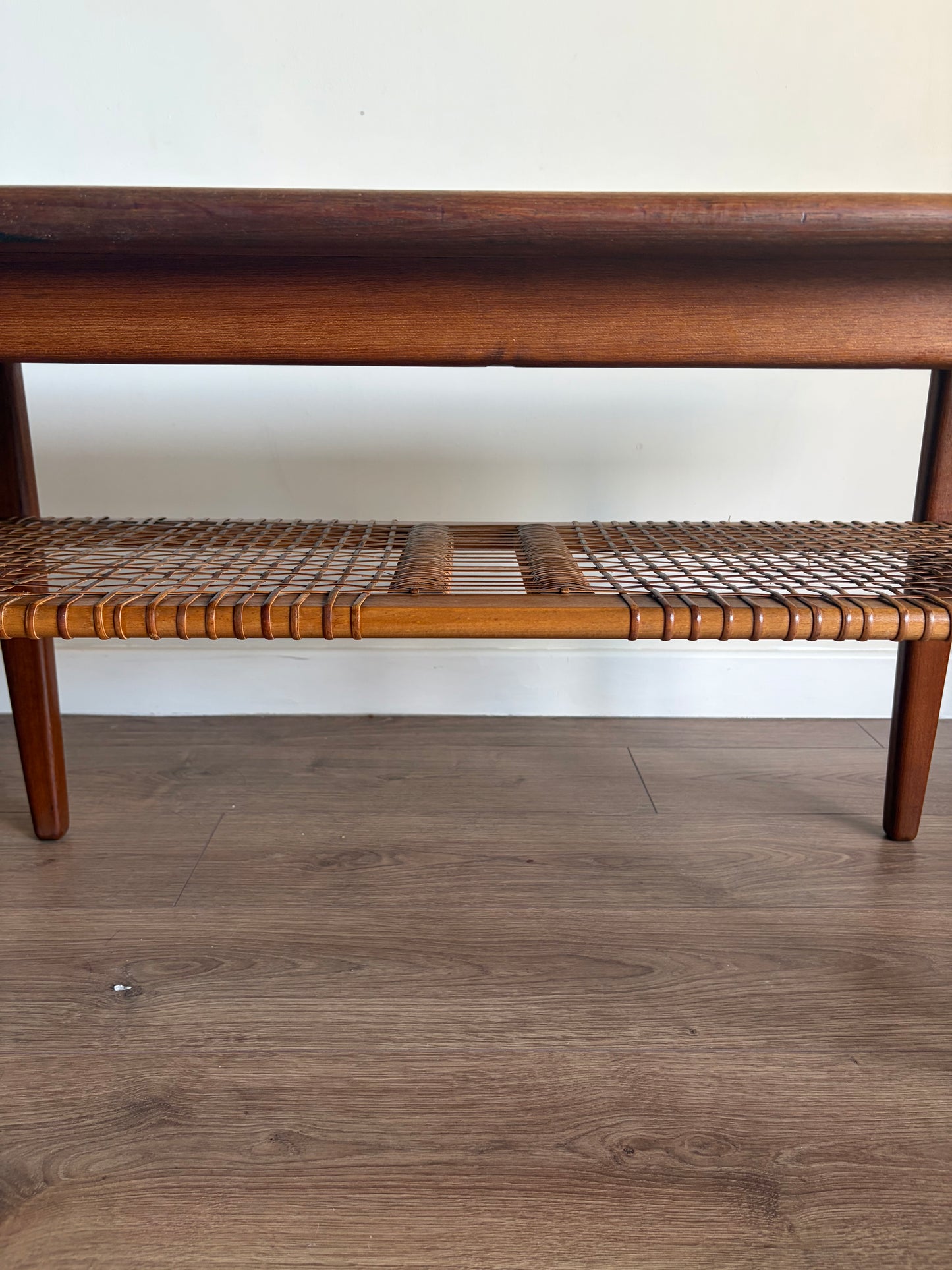 Teak Danish Coffee Table with Cane Shelf, Mid Century Modern - Excellent Condition