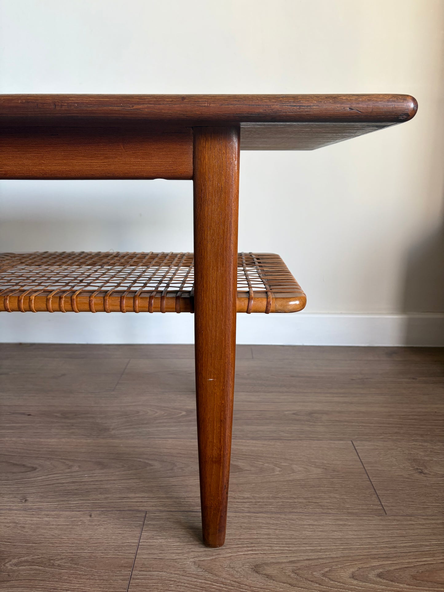 Teak Danish Coffee Table with Cane Shelf, Mid Century Modern - Excellent Condition