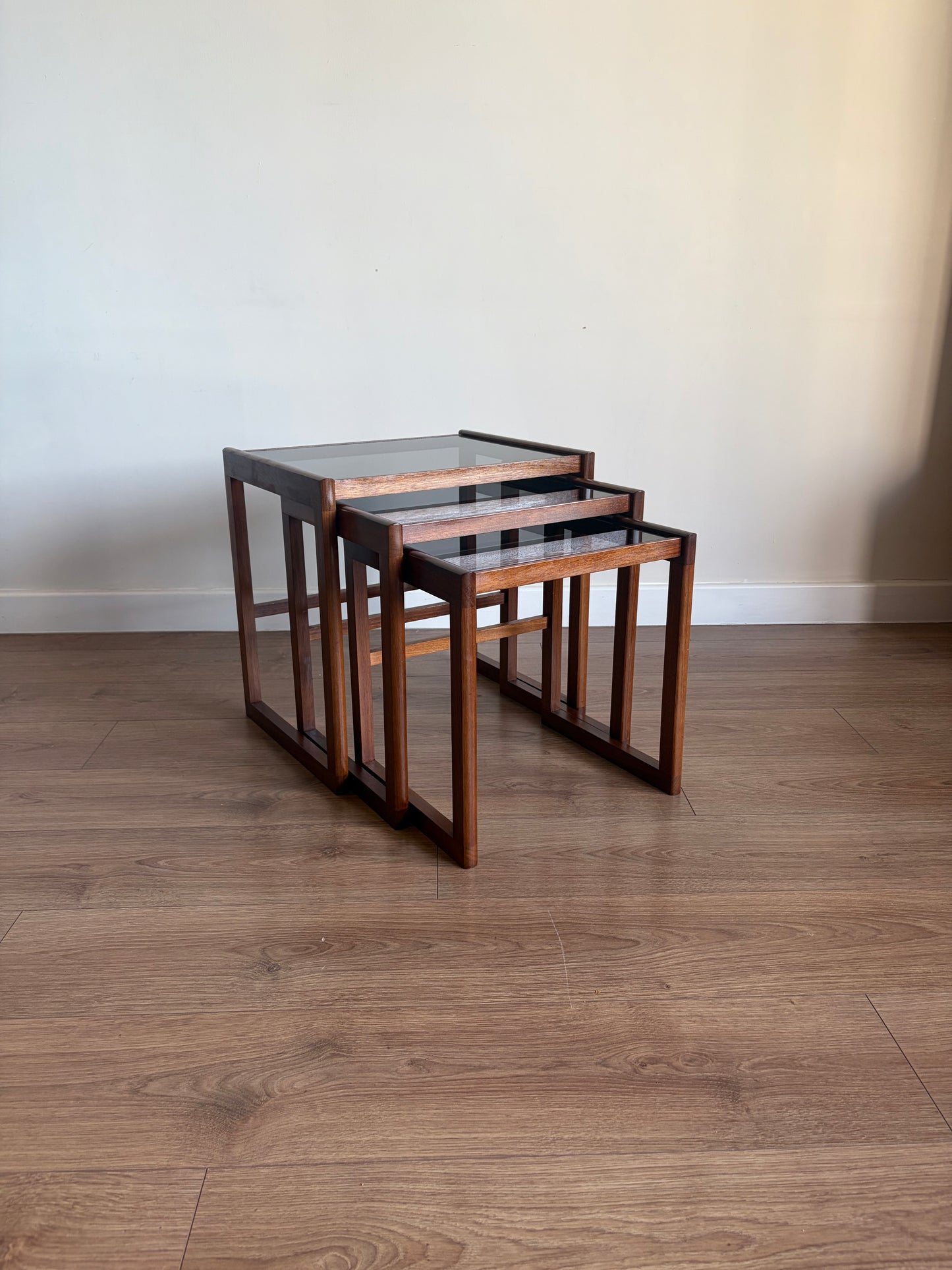 Teak Danish Nest of Tables with Glass Inserts, Mid-Century Modern - Excellent Condition