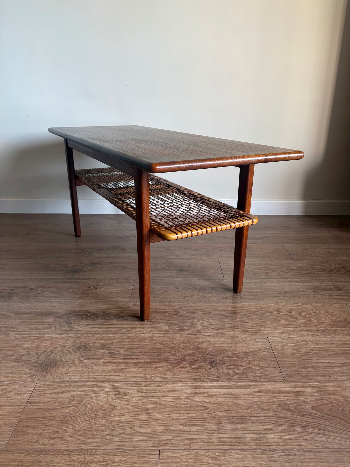 Teak Danish Coffee Table with Cane Shelf, Mid Century Modern - Excellent Condition