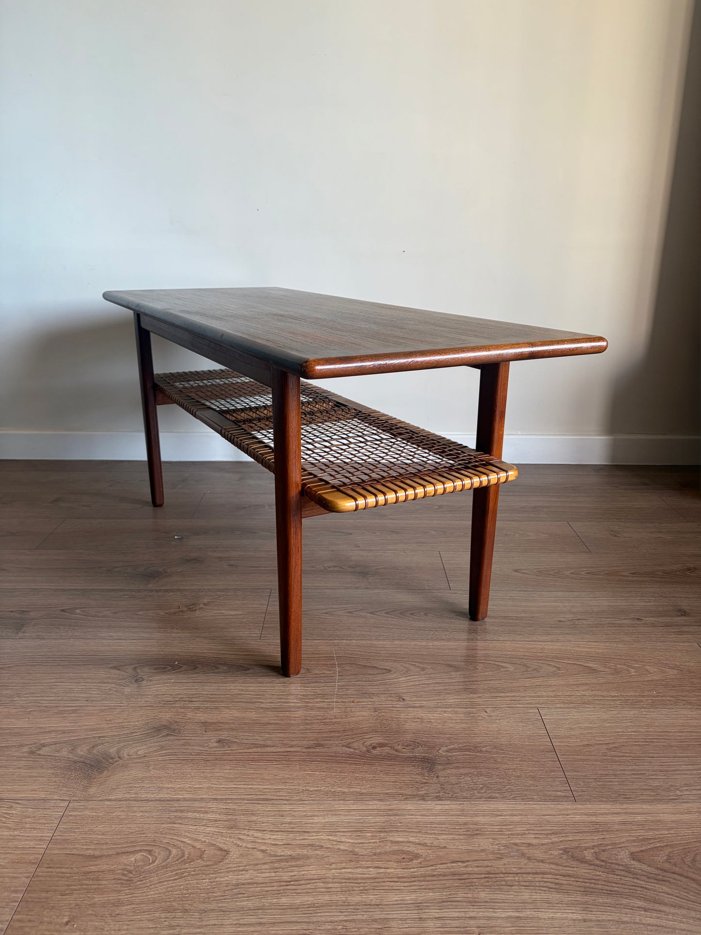 Teak Danish Coffee Table with Cane Shelf, Mid Century Modern - Excellent Condition