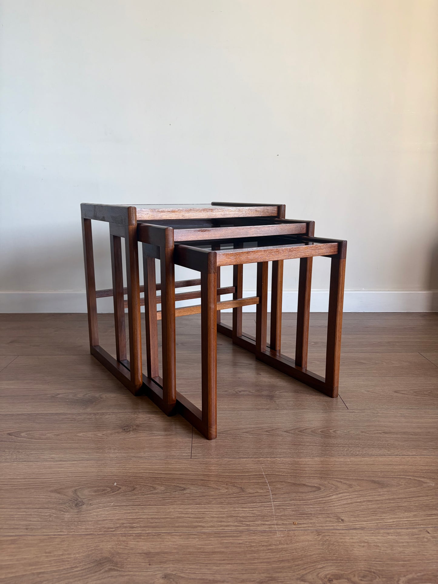 Teak Danish Nest of Tables with Glass Inserts, Mid-Century Modern - Excellent Condition