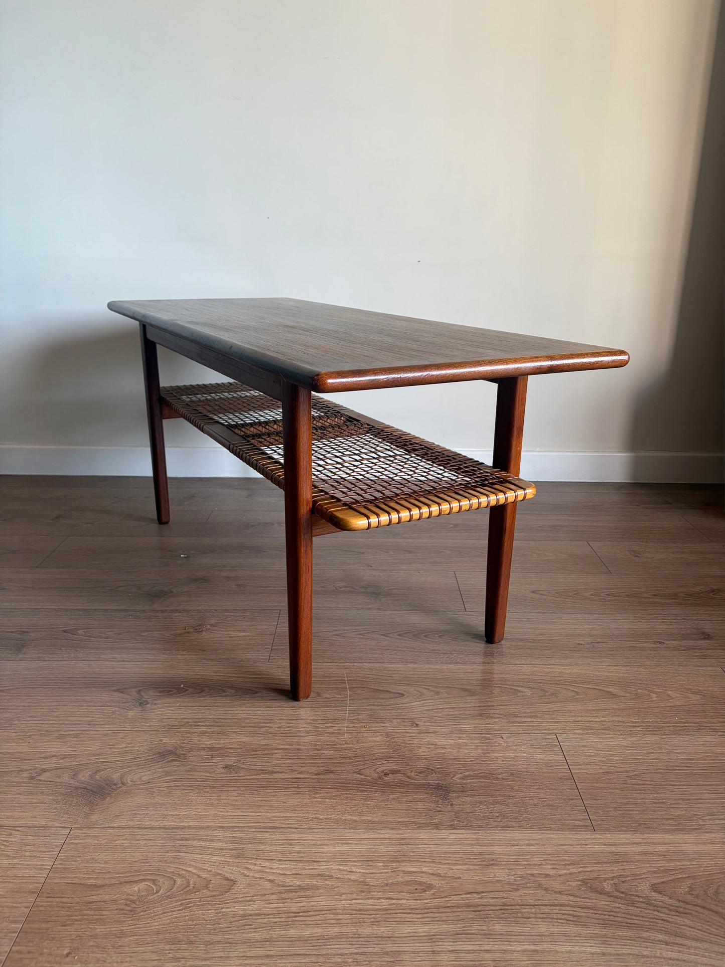 Teak Danish Coffee Table with Cane Shelf, Mid Century Modern - Excellent Condition