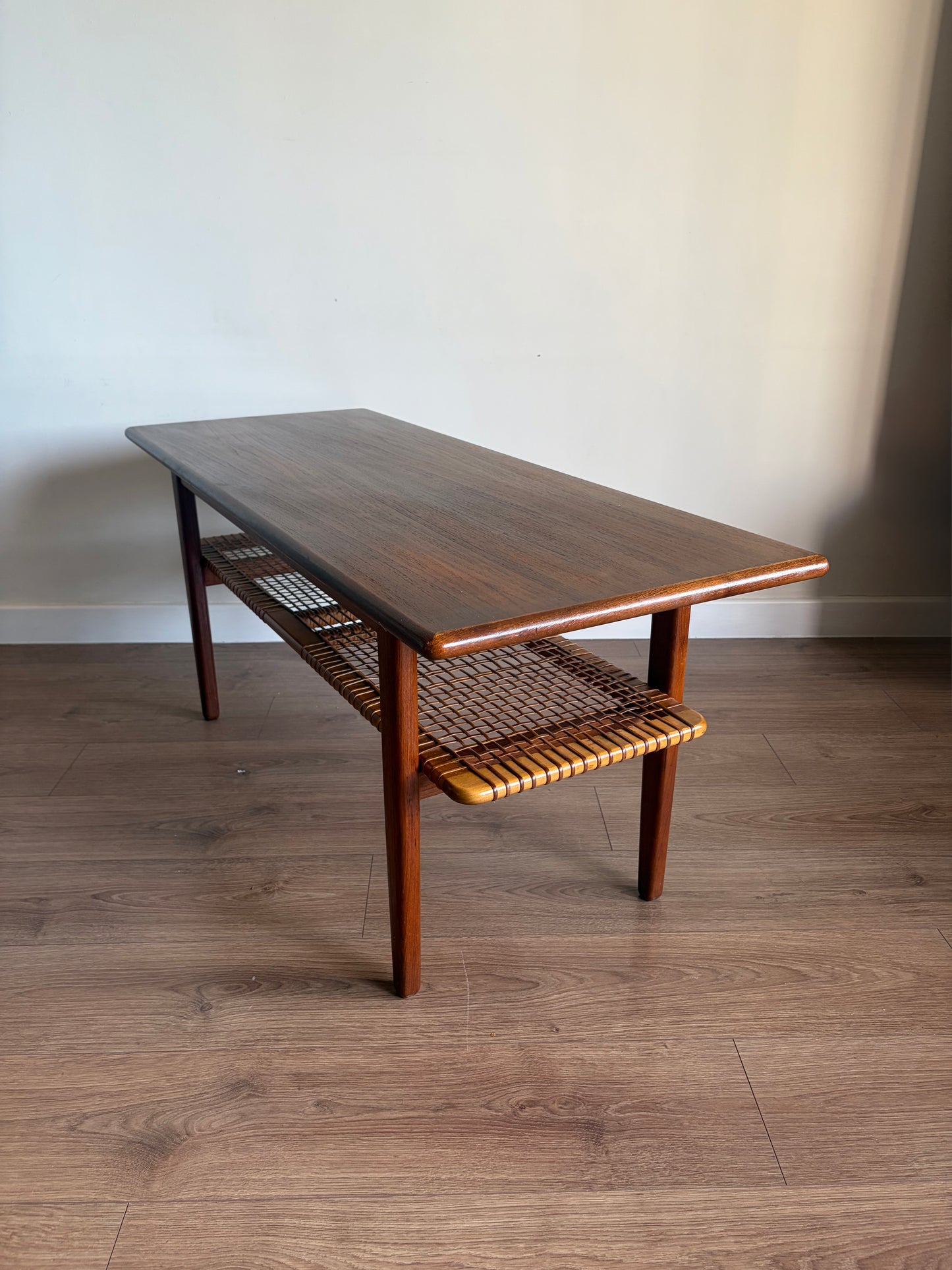 Teak Danish Coffee Table with Cane Shelf, Mid Century Modern - Excellent Condition