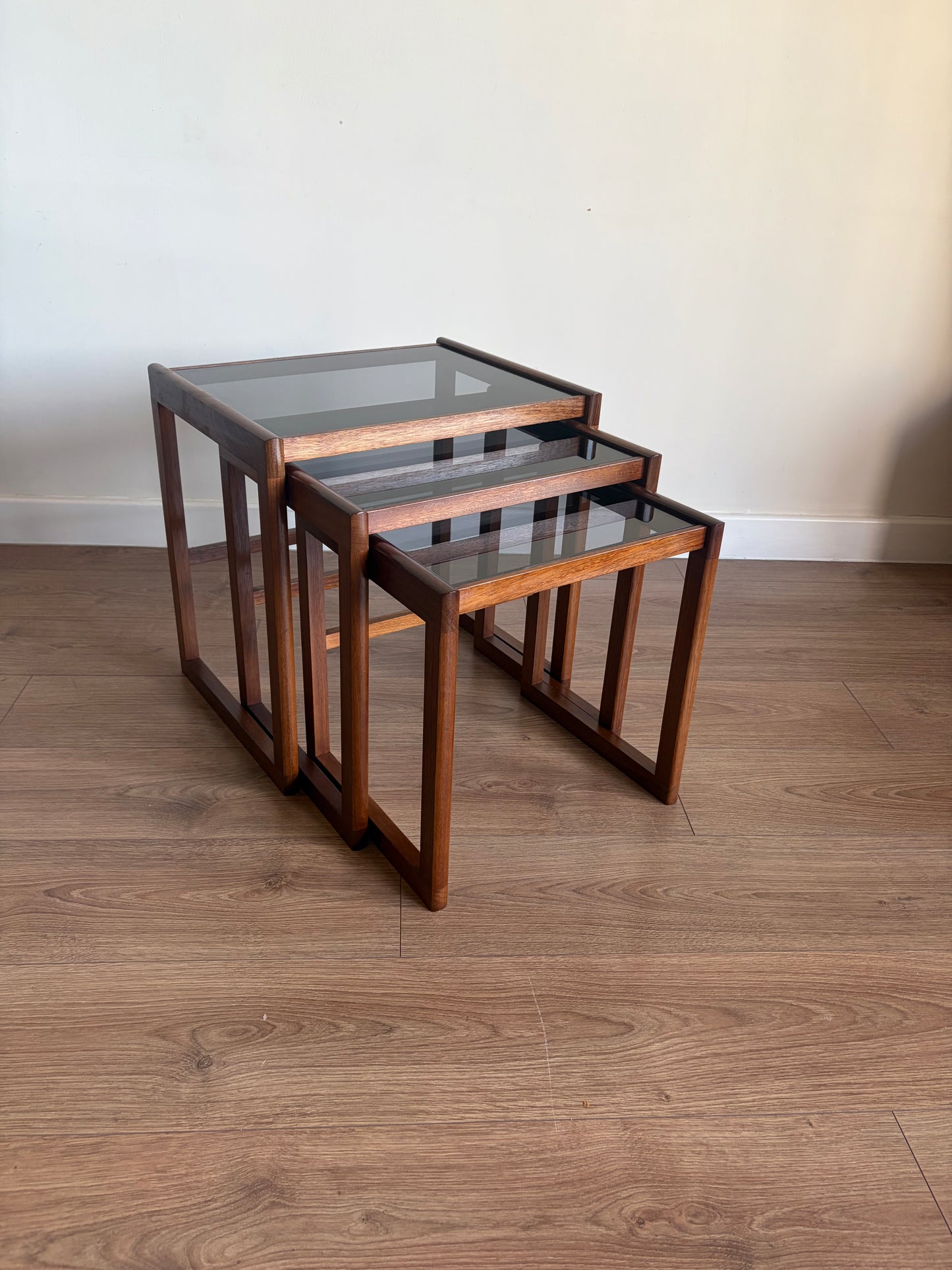 Teak Danish Nest of Tables with Glass Inserts, Mid-Century Modern - Excellent Condition