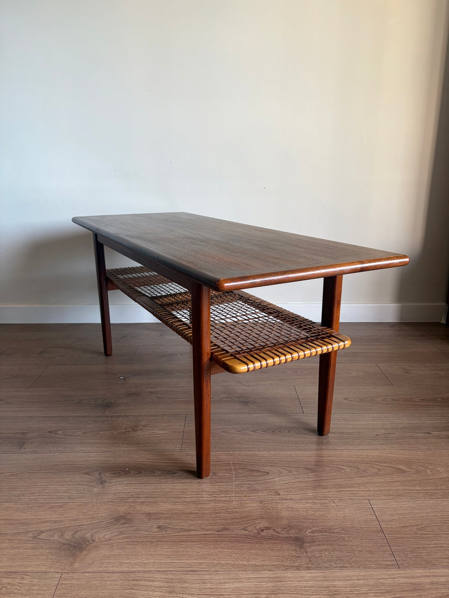 Teak Danish Coffee Table with Cane Shelf, Mid Century Modern - Excellent Condition