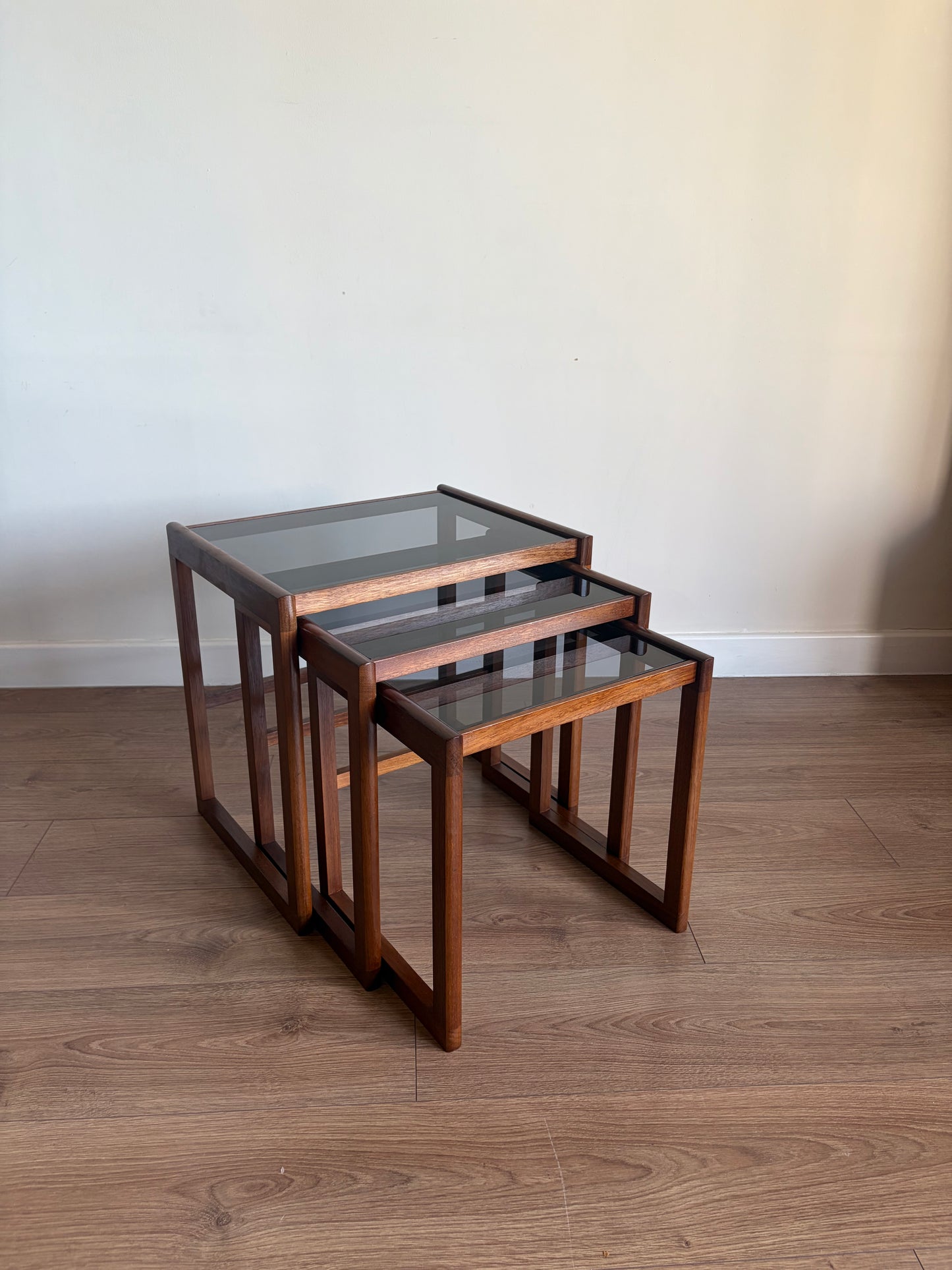 Teak Danish Nest of Tables with Glass Inserts, Mid-Century Modern - Excellent Condition