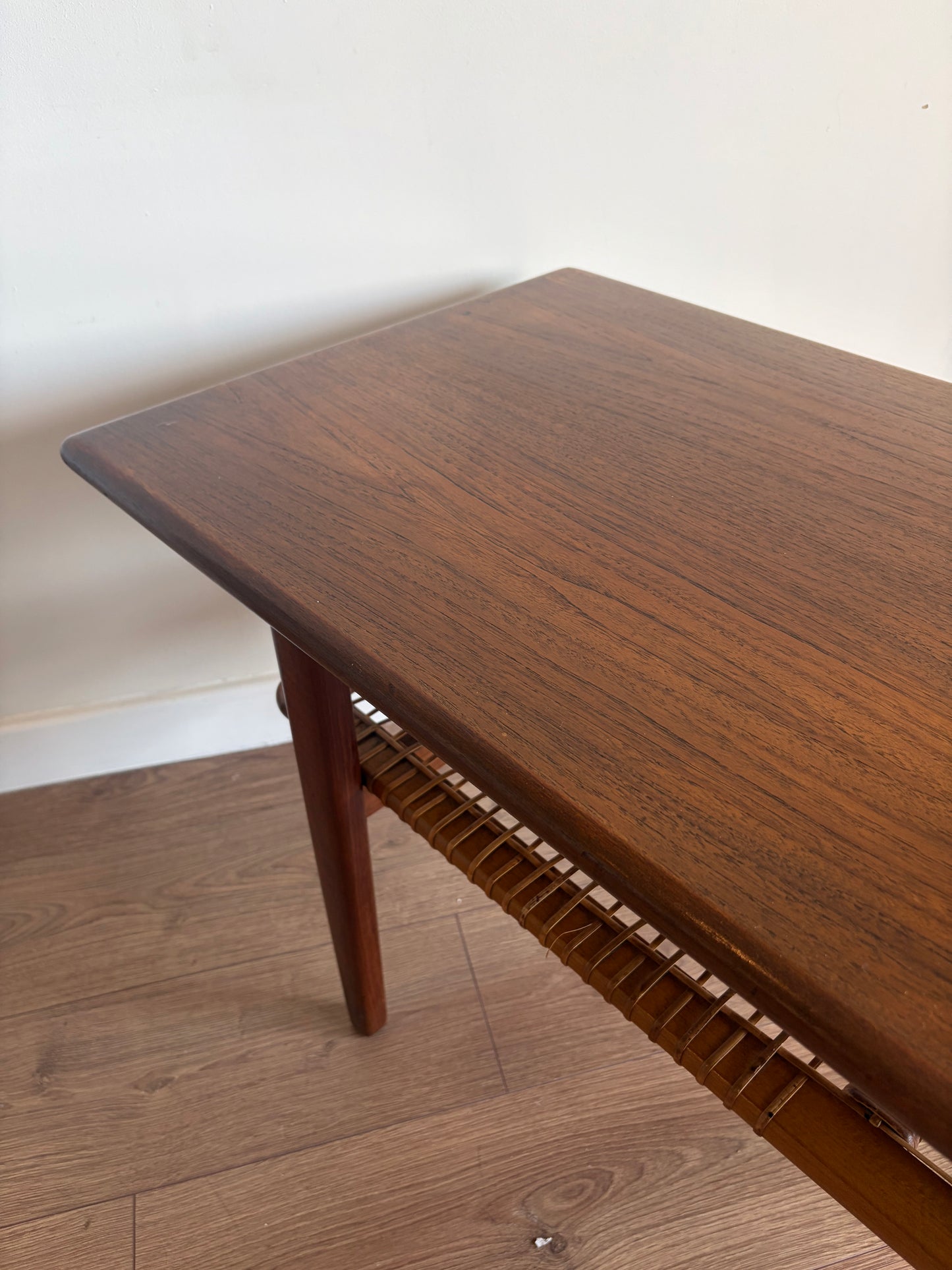 Teak Danish Coffee Table with Cane Shelf, Mid Century Modern - Excellent Condition