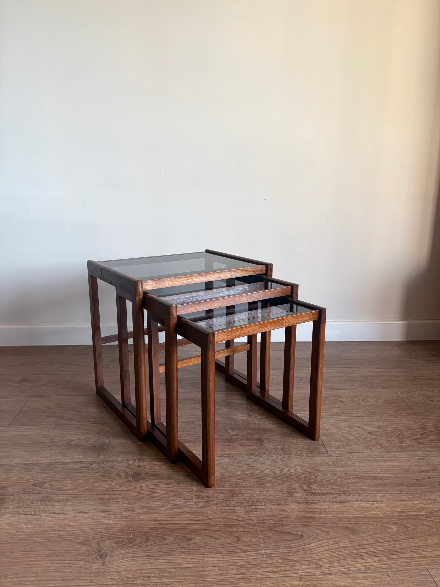 Teak Danish Nest of Tables with Glass Inserts, Mid-Century Modern - Excellent Condition