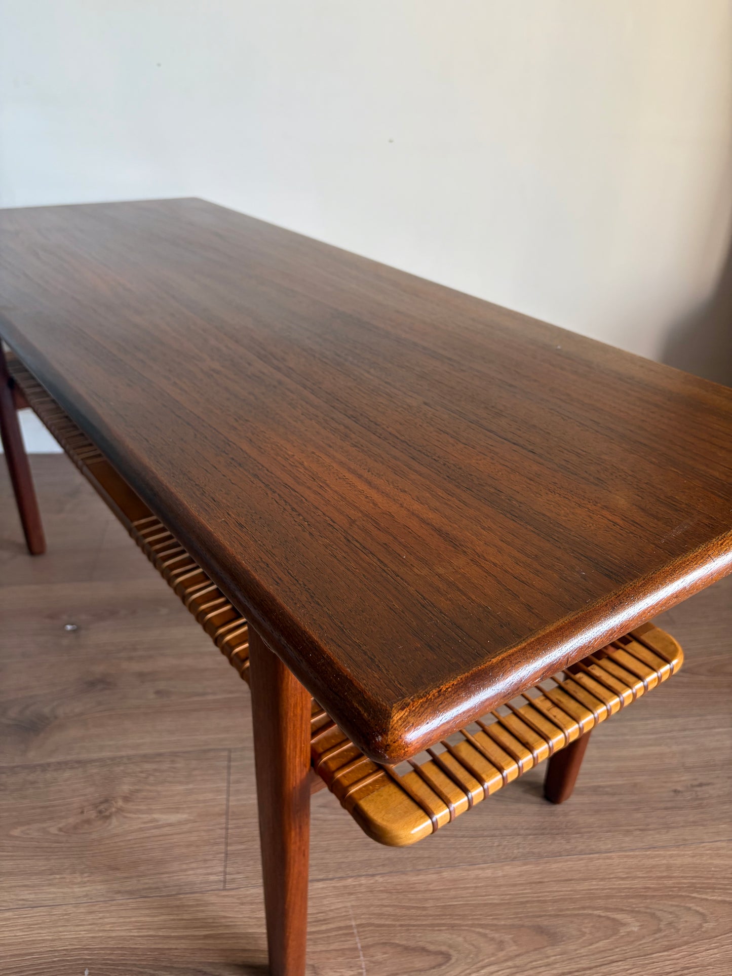 Teak Danish Coffee Table with Cane Shelf, Mid Century Modern - Excellent Condition