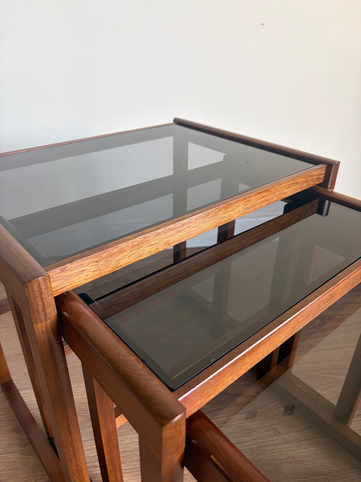 Teak Danish Nest of Tables with Glass Inserts, Mid-Century Modern - Excellent Condition