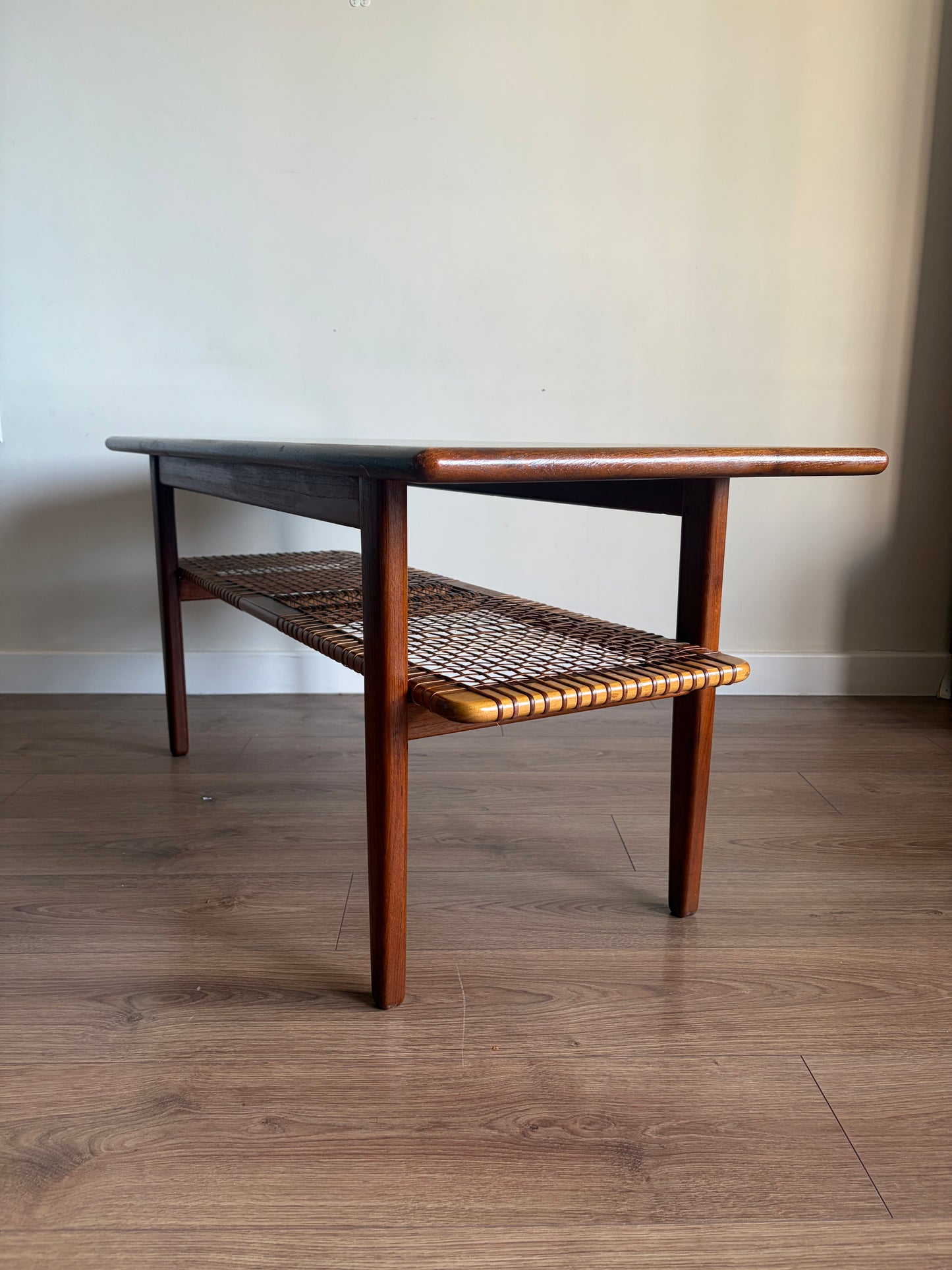 Teak Danish Coffee Table with Cane Shelf, Mid Century Modern - Excellent Condition