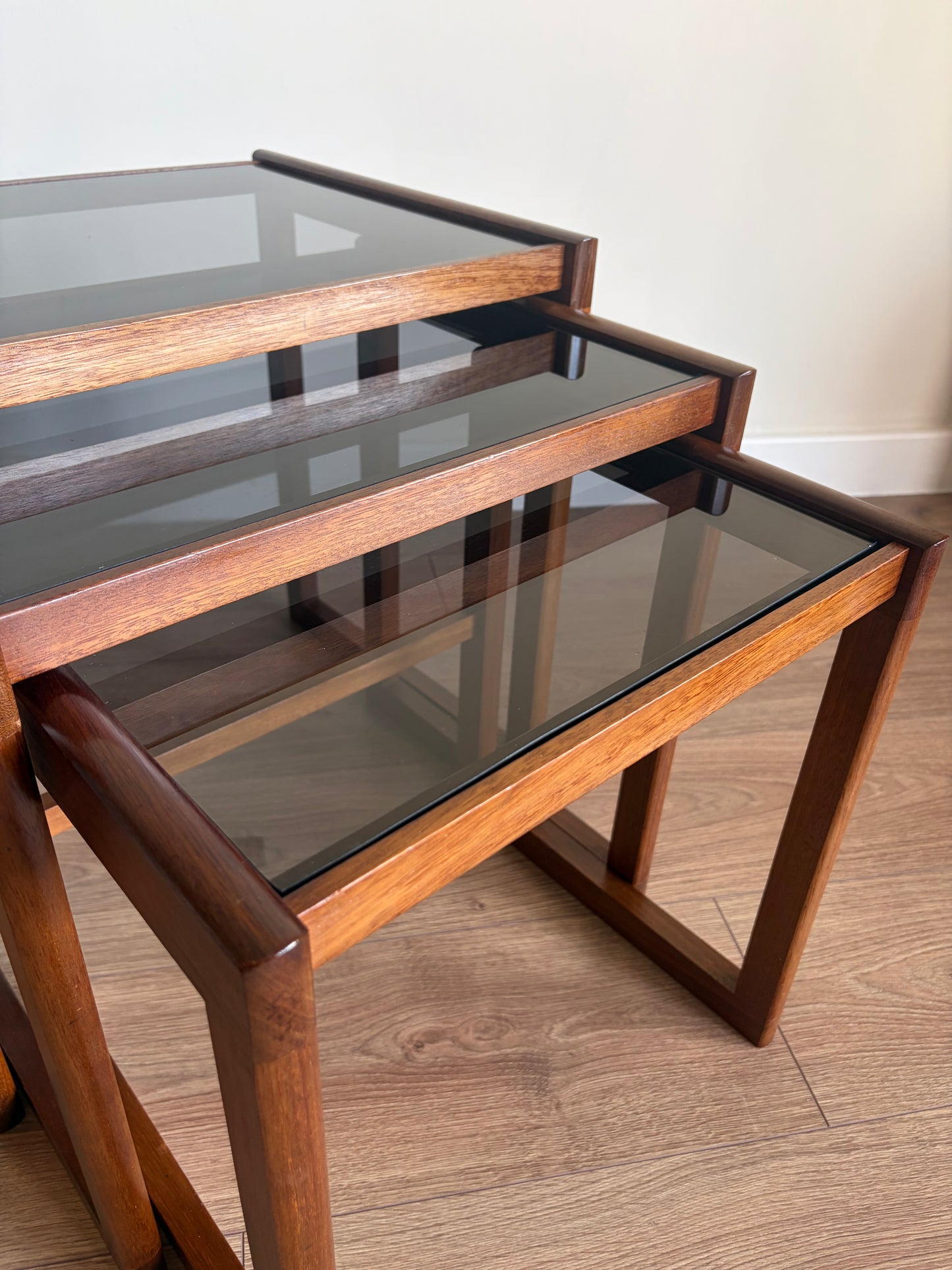 Teak Danish Nest of Tables with Glass Inserts, Mid-Century Modern - Excellent Condition