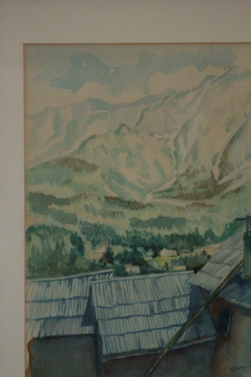 Mid-Century Watercolour of Mountain Landscape Signed T Kompare (1952)