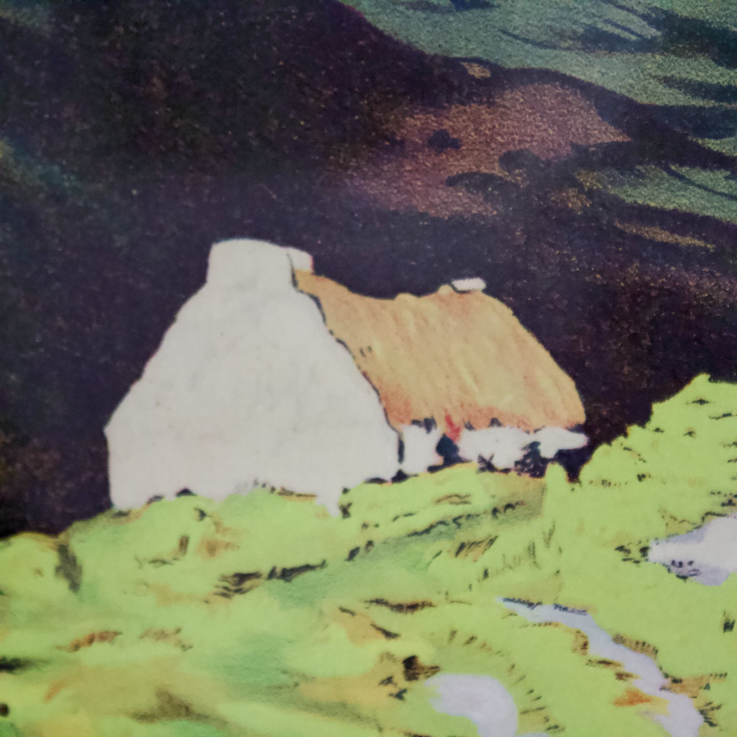 Vintage photolithographic print of 'Cottages West of Ireland (1920s) by Paul Henry (1876-1958) RHA signed