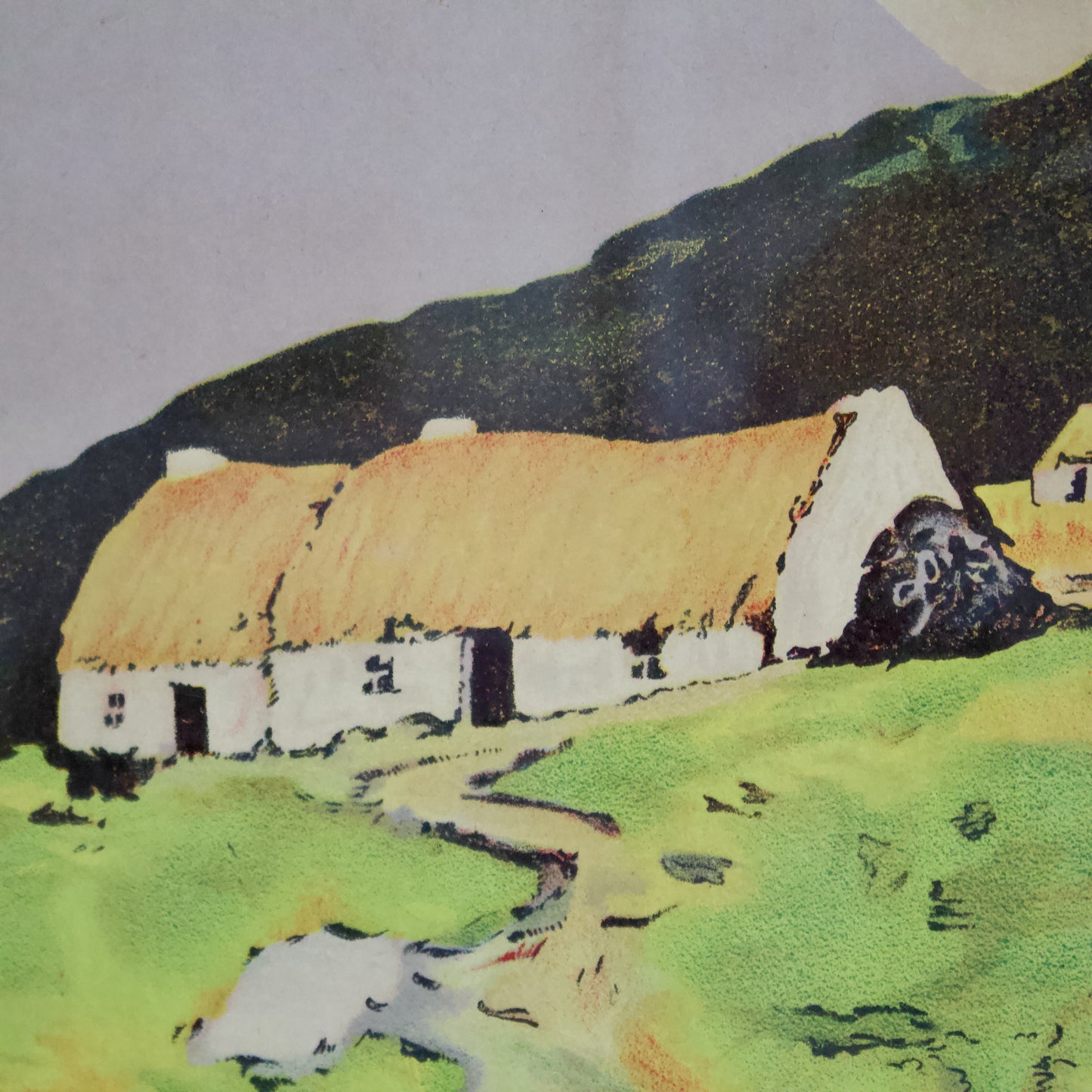 Vintage photolithographic print of 'Cottages West of Ireland (1920s) by Paul Henry (1876-1958) RHA signed