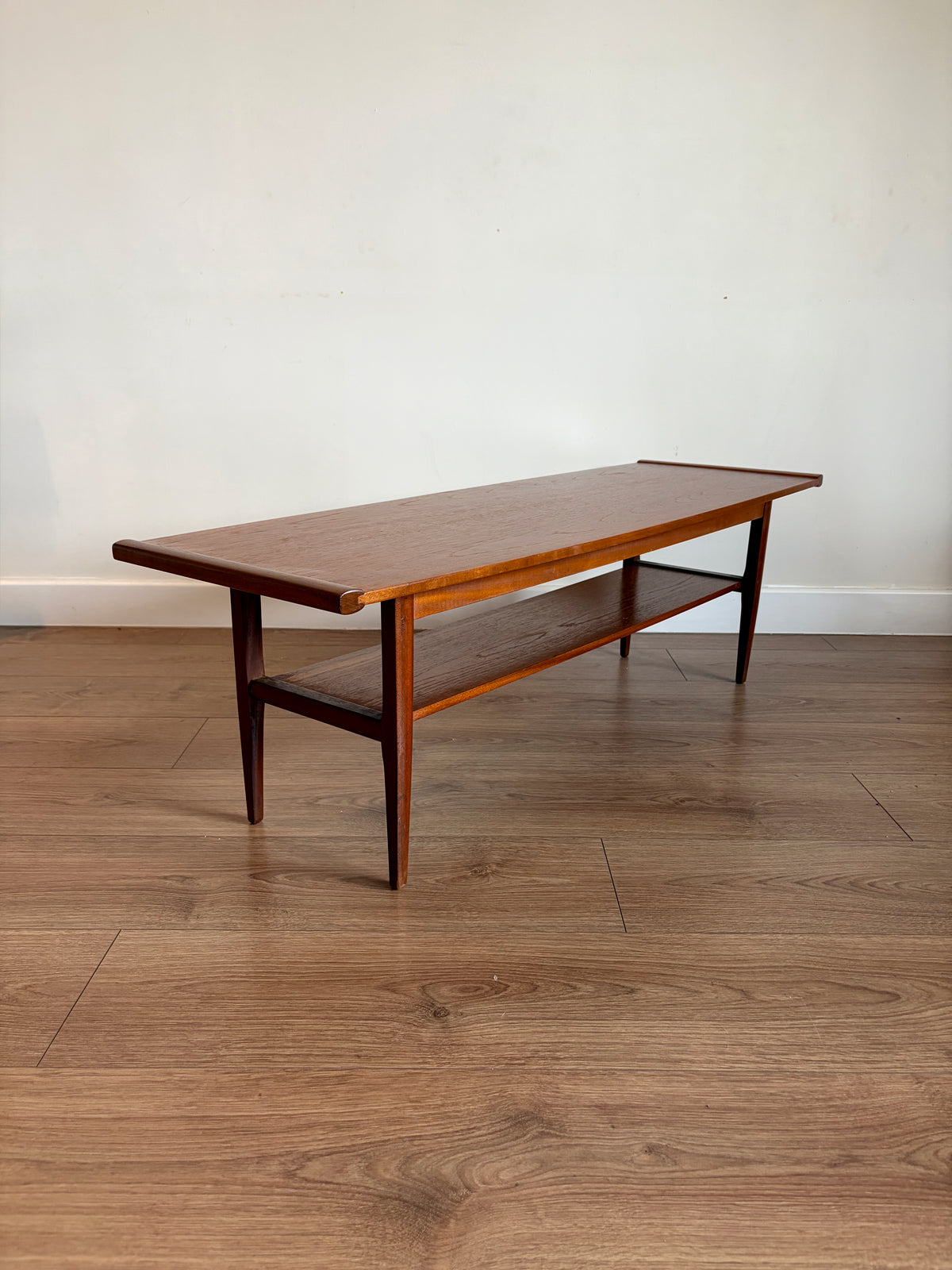 Teak Two Tiered Coffee Table by Myer Mid Century Modern Refurbished in Excellent Condition