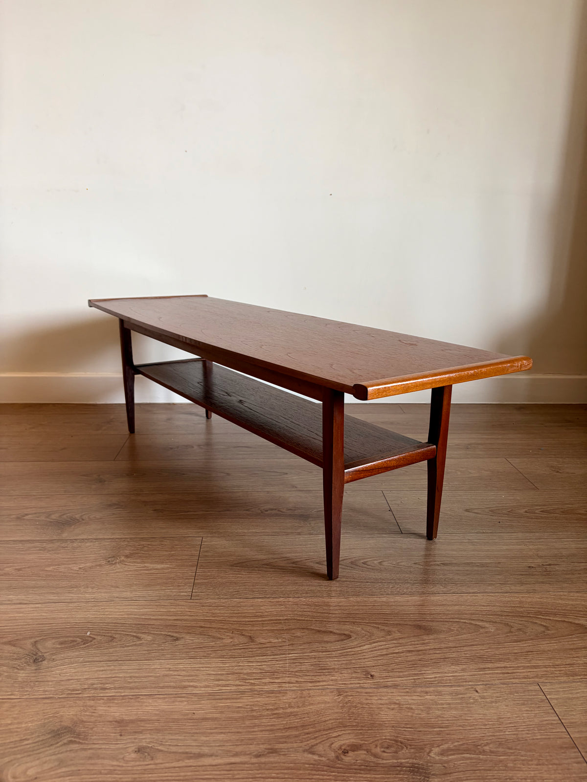 Teak Two Tiered Coffee Table by Myer Mid Century Modern Refurbished in Excellent Condition