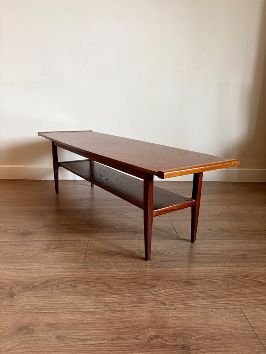 Teak Two Tiered Coffee Table by Myer Mid Century Modern Refurbished in Excellent Condition
