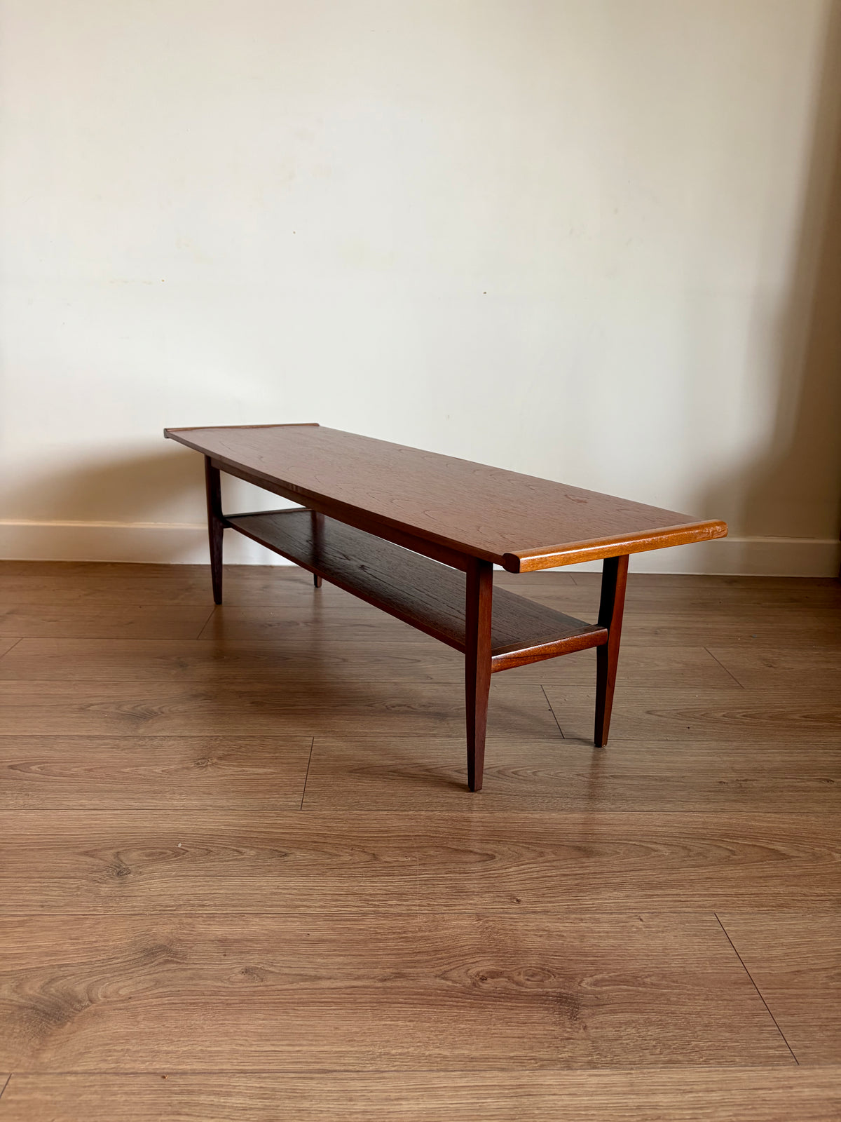 Teak Two Tiered Coffee Table by Myer Mid Century Modern Refurbished in Excellent Condition