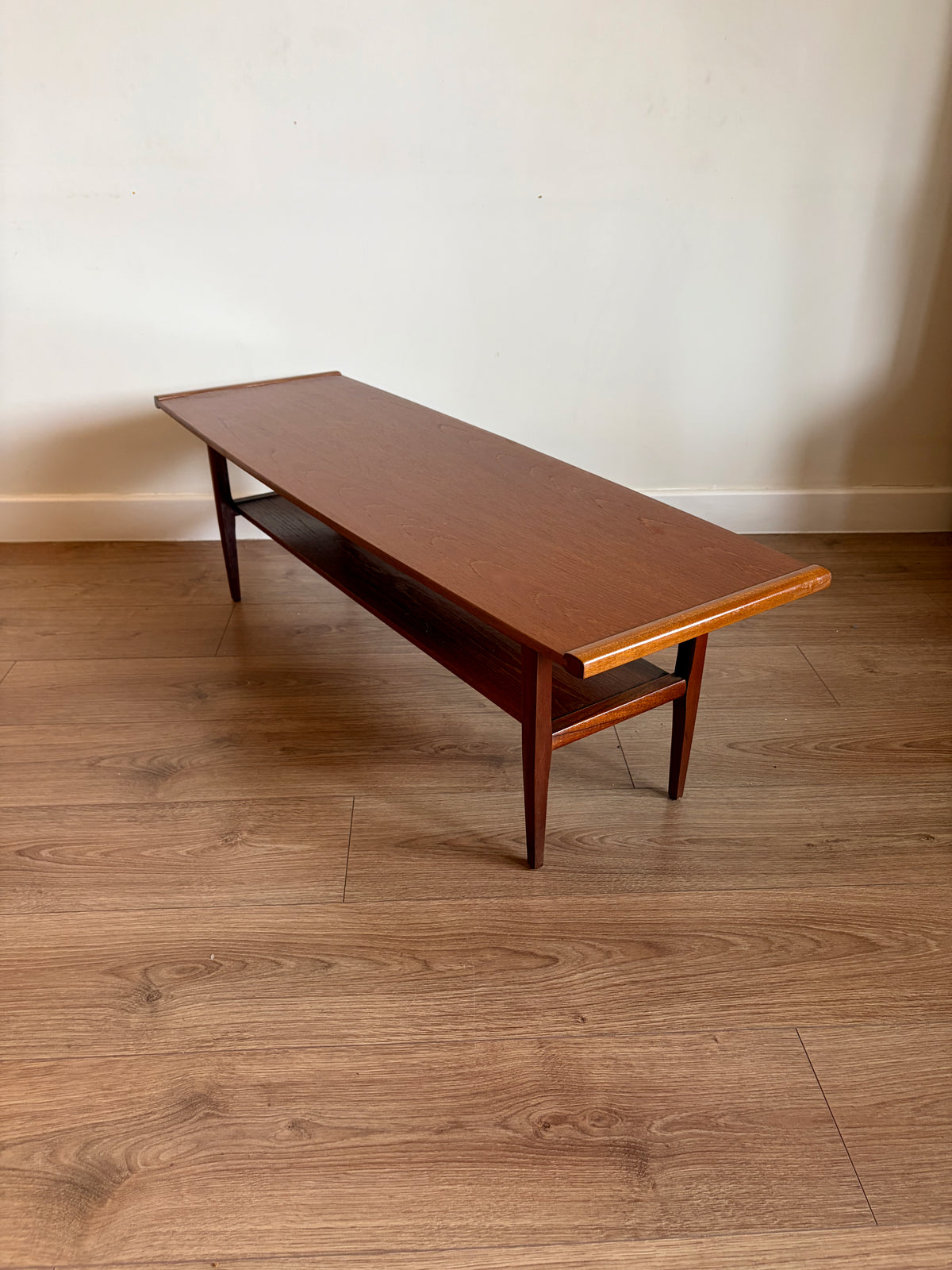 Teak Two Tiered Coffee Table by Myer Mid Century Modern Refurbished in Excellent Condition