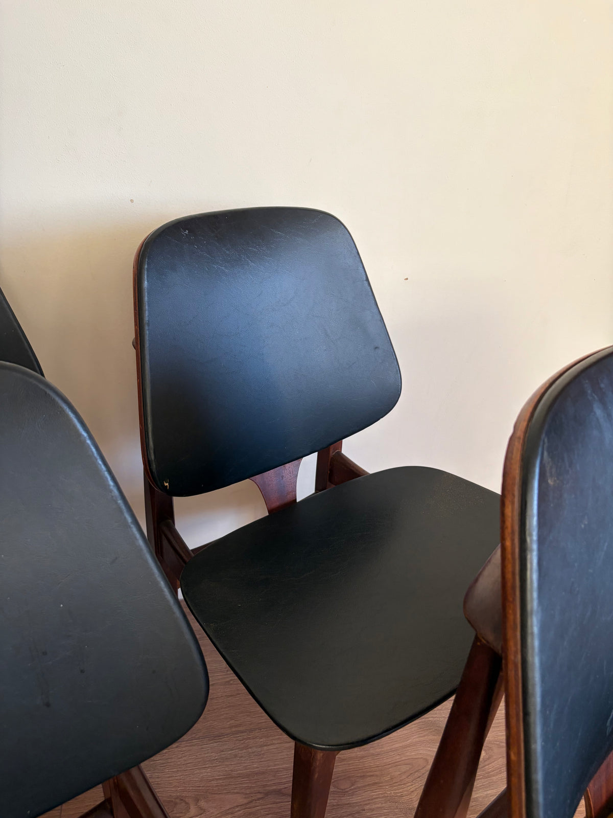 Four Elliots of Newbury Mid Century Modern Black Teak Dining Chairs Refurbished in Excellent Condition
