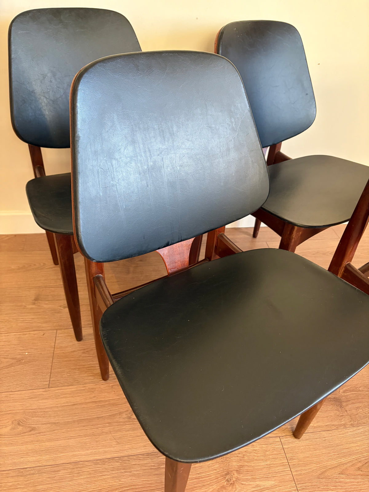 Four Elliots of Newbury Mid Century Modern Black Teak Dining Chairs Refurbished in Excellent Condition