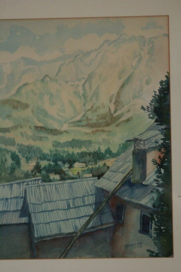 Mid-Century Watercolour of Mountain Landscape Signed T Kompare (1952)